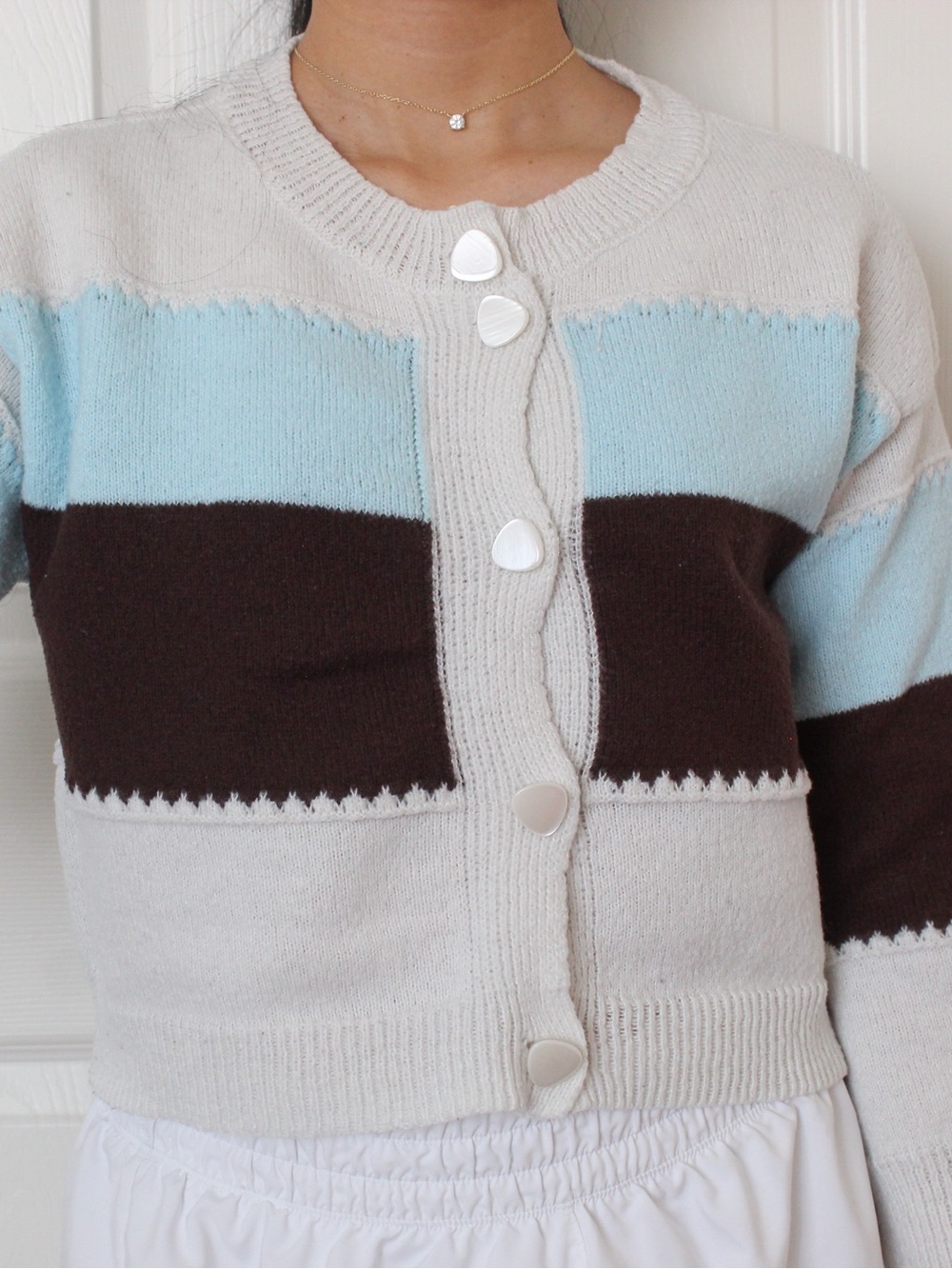 Striped Crewneck Button Cardigan Sweater - Light Blue & Brown